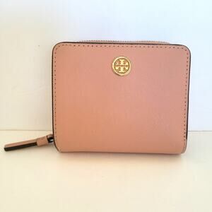 Tory Burch Pink Leather Zip Around Medium Credit Card Wallet Compact Logo